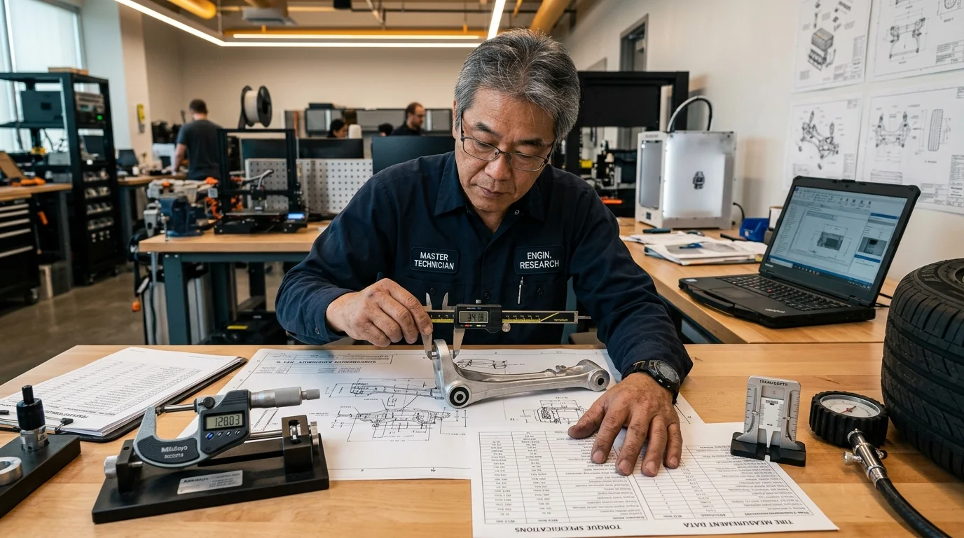 Automotive engineer measuring wheel arch clearances and upper control arm angles with digital vernier calipers on a GMC Sierra AT4