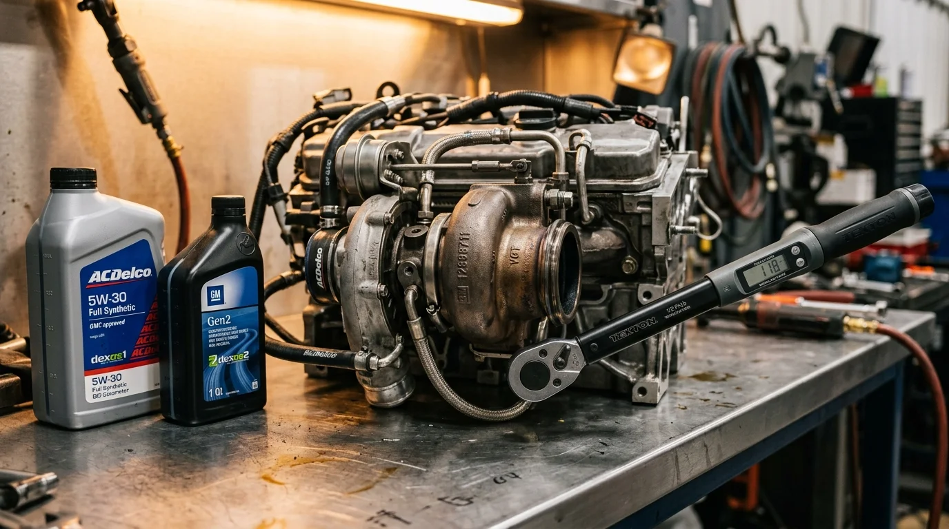Technical exploded diagram of the GMC 3.0L Duramax LZ0 turbo-diesel inline-6 engine and Hydra-Matic 10-speed transmission