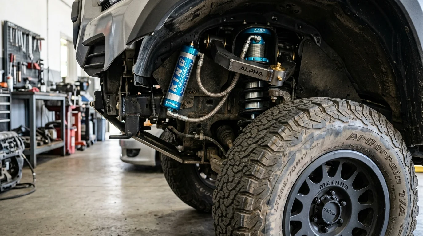 Technical close-up of GMC AT4X Multimatic DSSV spool valve suspension and 35-inch all-terrain tire clearance